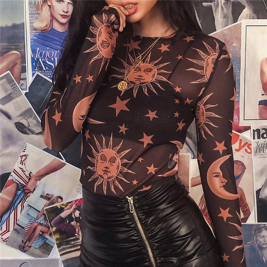 Moonvibe Sweater | Jersey con malla transparente y estampado inusual