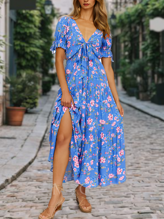 Vestido de playa casual con estampado floral, manga corta y escote en V con abertura