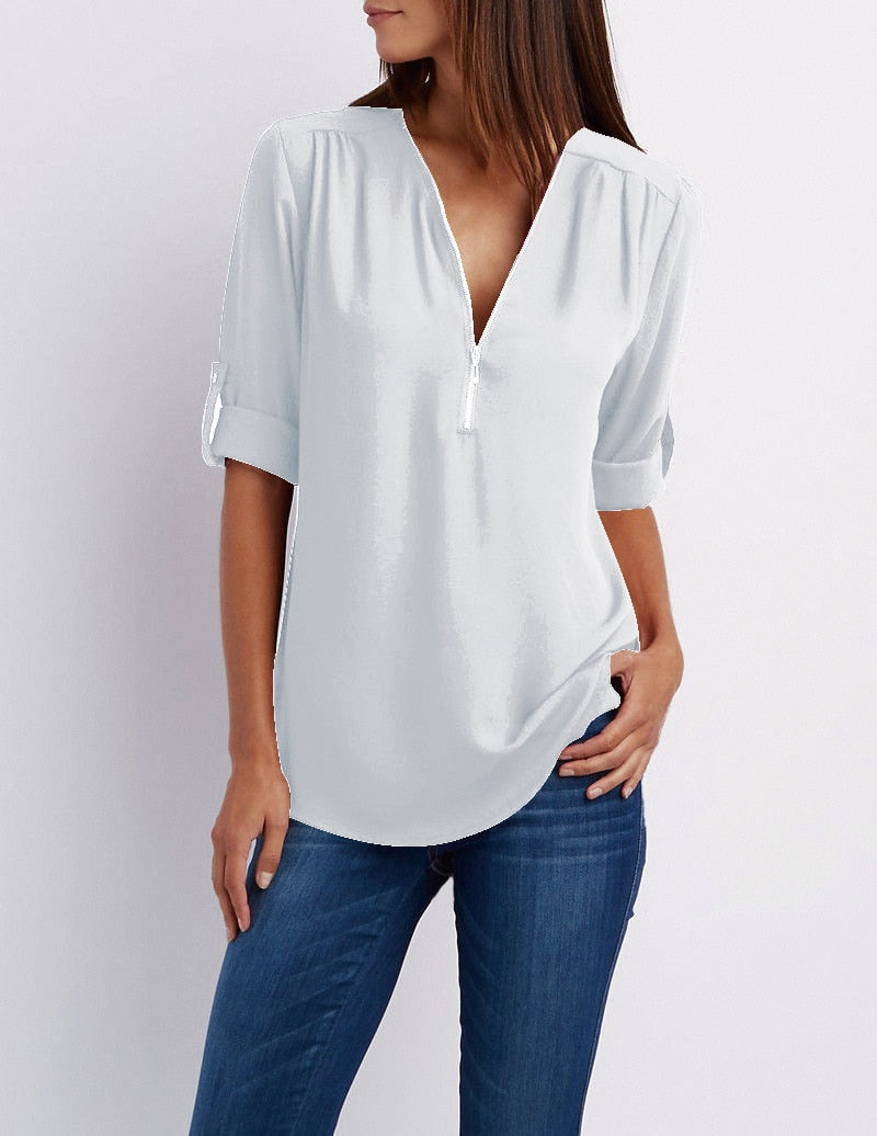 Más tamaño de cuello en V Zip Camisa de manga larga | Sexy Casual Blusa para Mujer