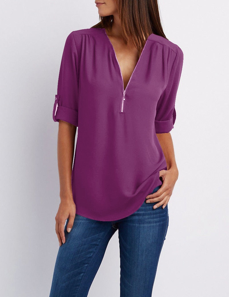 Más tamaño de cuello en V Zip Camisa de manga larga | Sexy Casual Blusa para Mujer