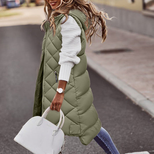 Chaleco | Chaleco largo estilo puffer con capucha para mujer