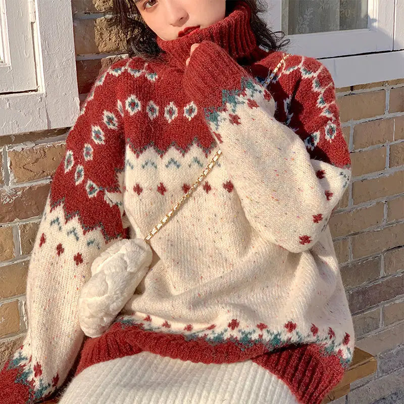 Giuliana | Chic y cálido jersey de punto con cuello alto y patchwork navideño para mujer