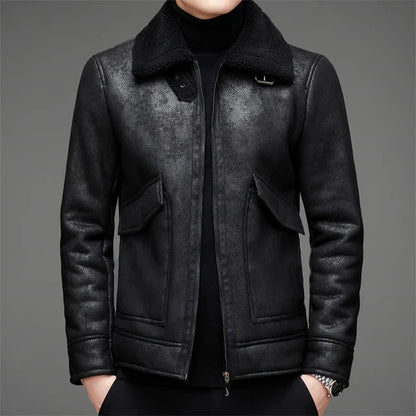 Cálida chaqueta de cuero vegano con lana y capucha para hombre | Perfecta para todas las estaciones