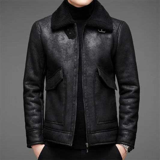 Cálida chaqueta de cuero vegano con lana y capucha para hombre | Perfecta para todas las estaciones