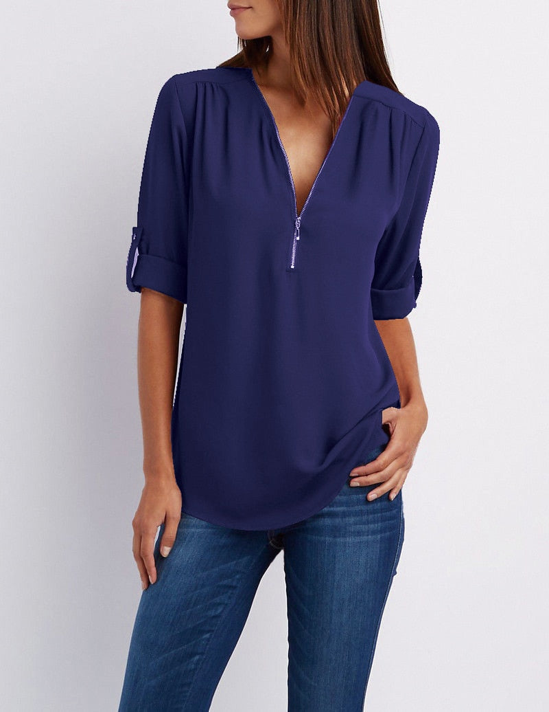 Más tamaño de cuello en V Zip Camisa de manga larga | Sexy Casual Blusa para Mujer
