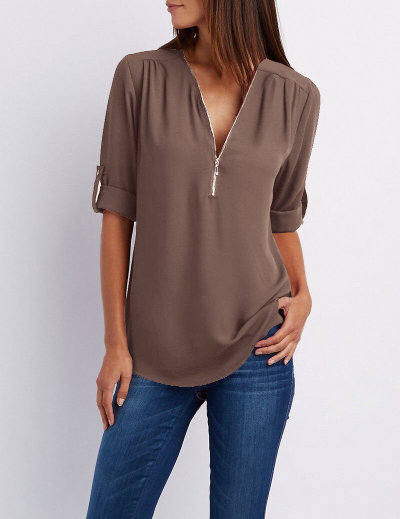 Más tamaño de cuello en V Zip Camisa de manga larga | Sexy Casual Blusa para Mujer