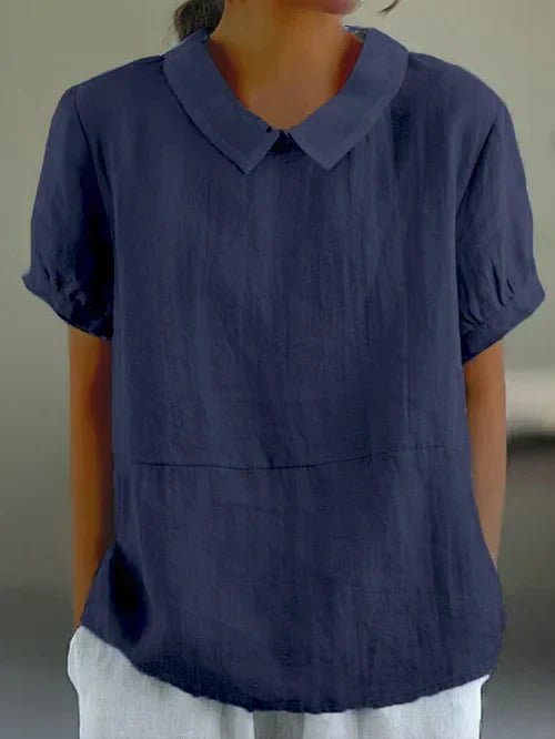 Aireada blusa de lino para mujer de manga corta con cuello abullonado