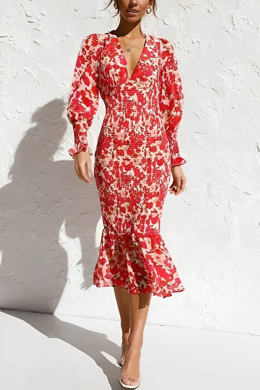 Floral vestido midi con manga obispo
