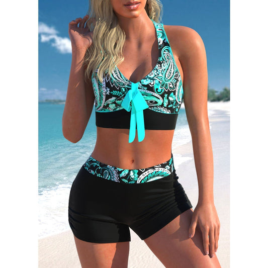 top de escote halterneck con short de cintura alta traje de baño de 2 piezas
