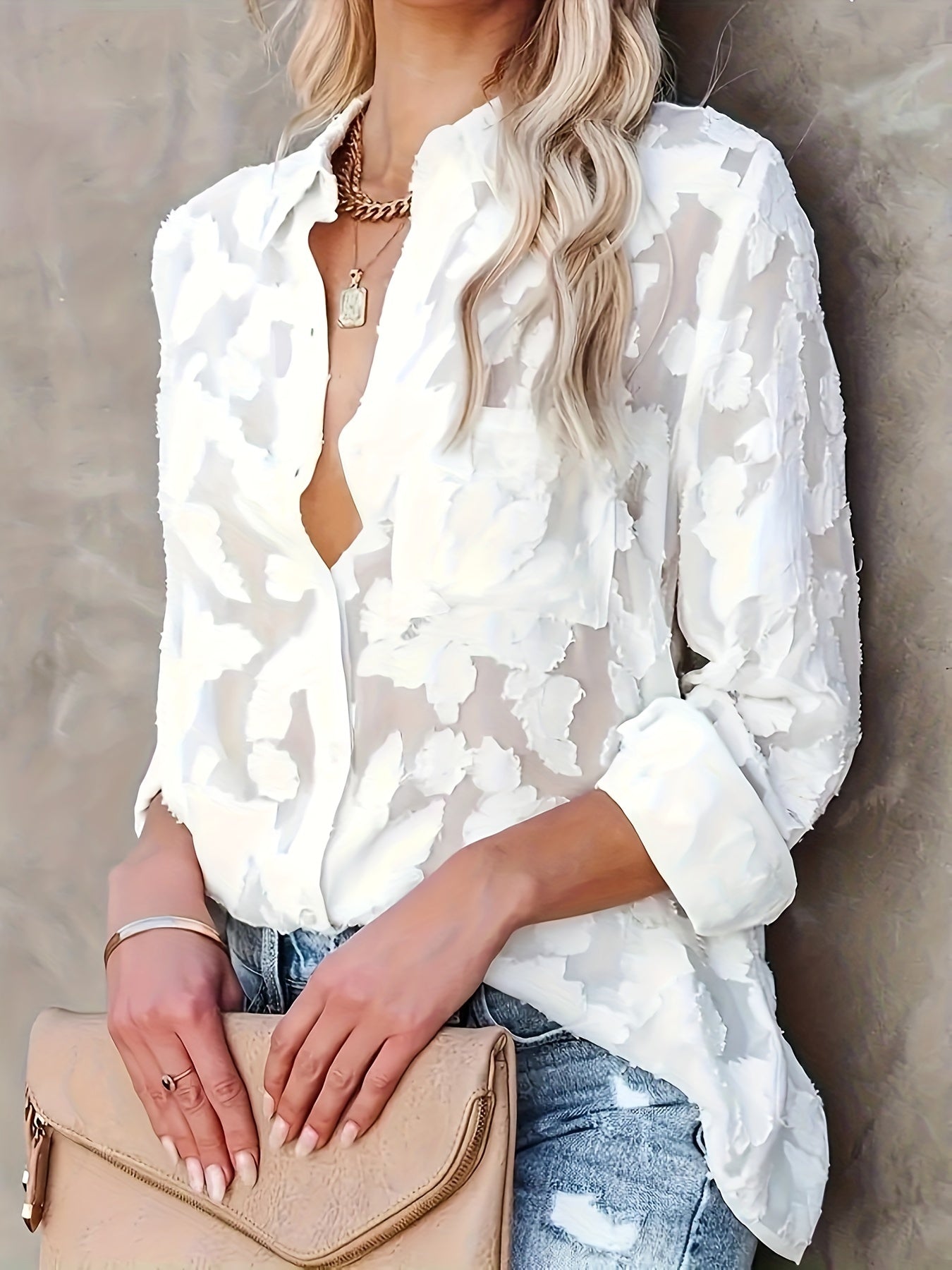 Blusa Jacquard Sheer Lose - Diseño Tejido y Mangas Largas