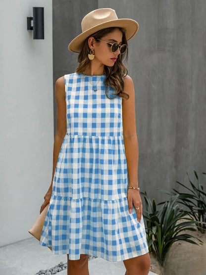 Jhana - Vestido holgado de mujer con escote redondo a la moda y falda de cuadros pastel