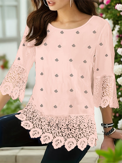 Blusa con cuello redondo de encaje - Diseño semitransparente y mangas 3/4