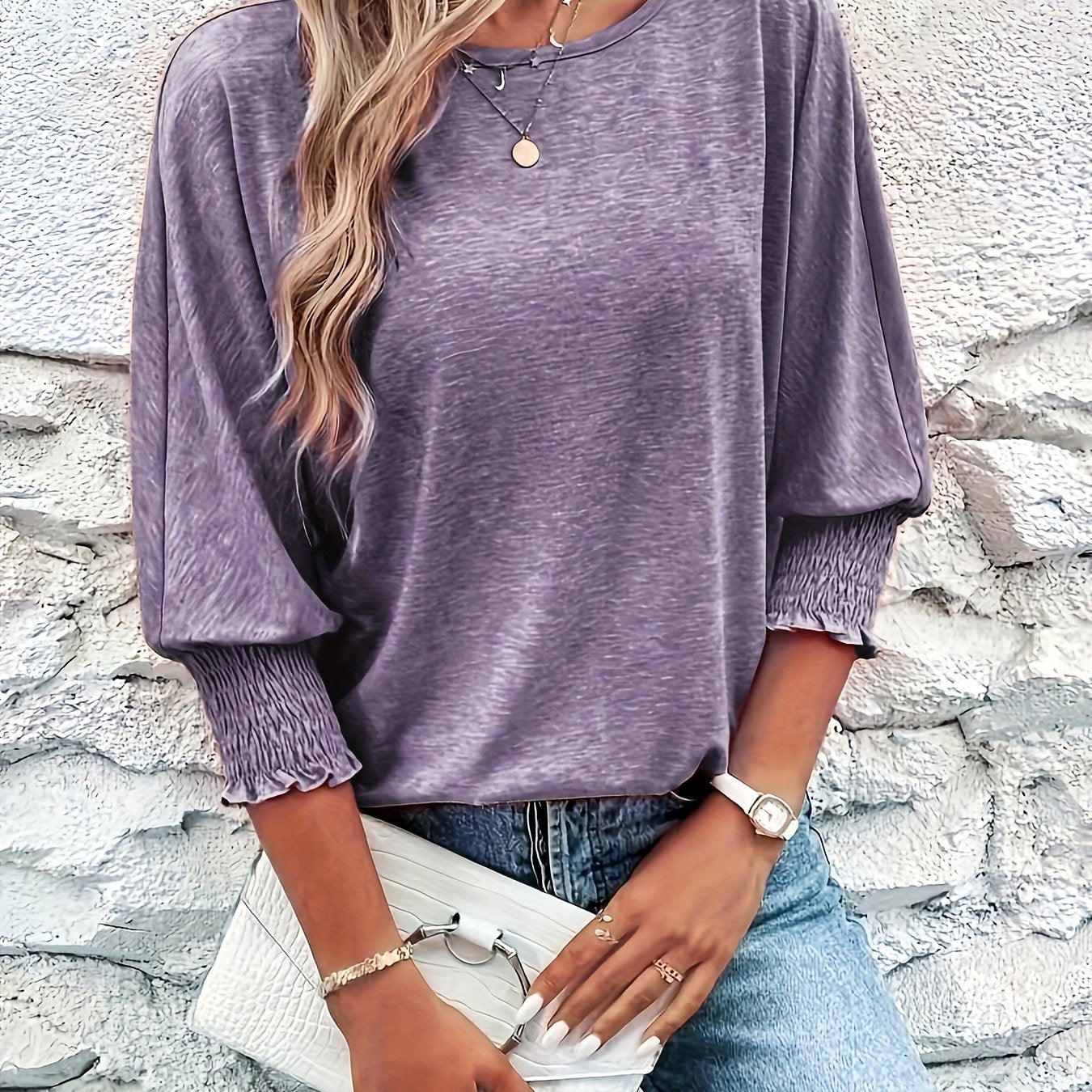 Camiseta de algodón-poliéster - Cuello redondo informal y medias mangas