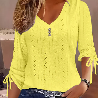Camiseta de algodón-poliéster - Cuello en V con botones y cintura ajustable