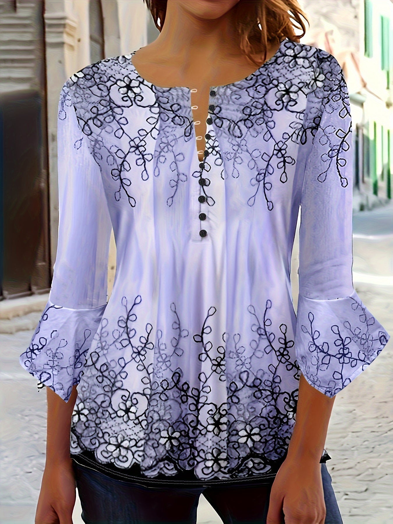 Blusa de botones con estampado floral - Mangas con volantes y corte informal