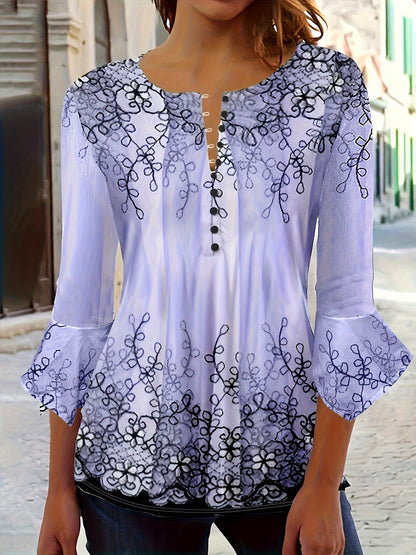 Blusa de botones con estampado floral - Mangas con volantes y corte informal