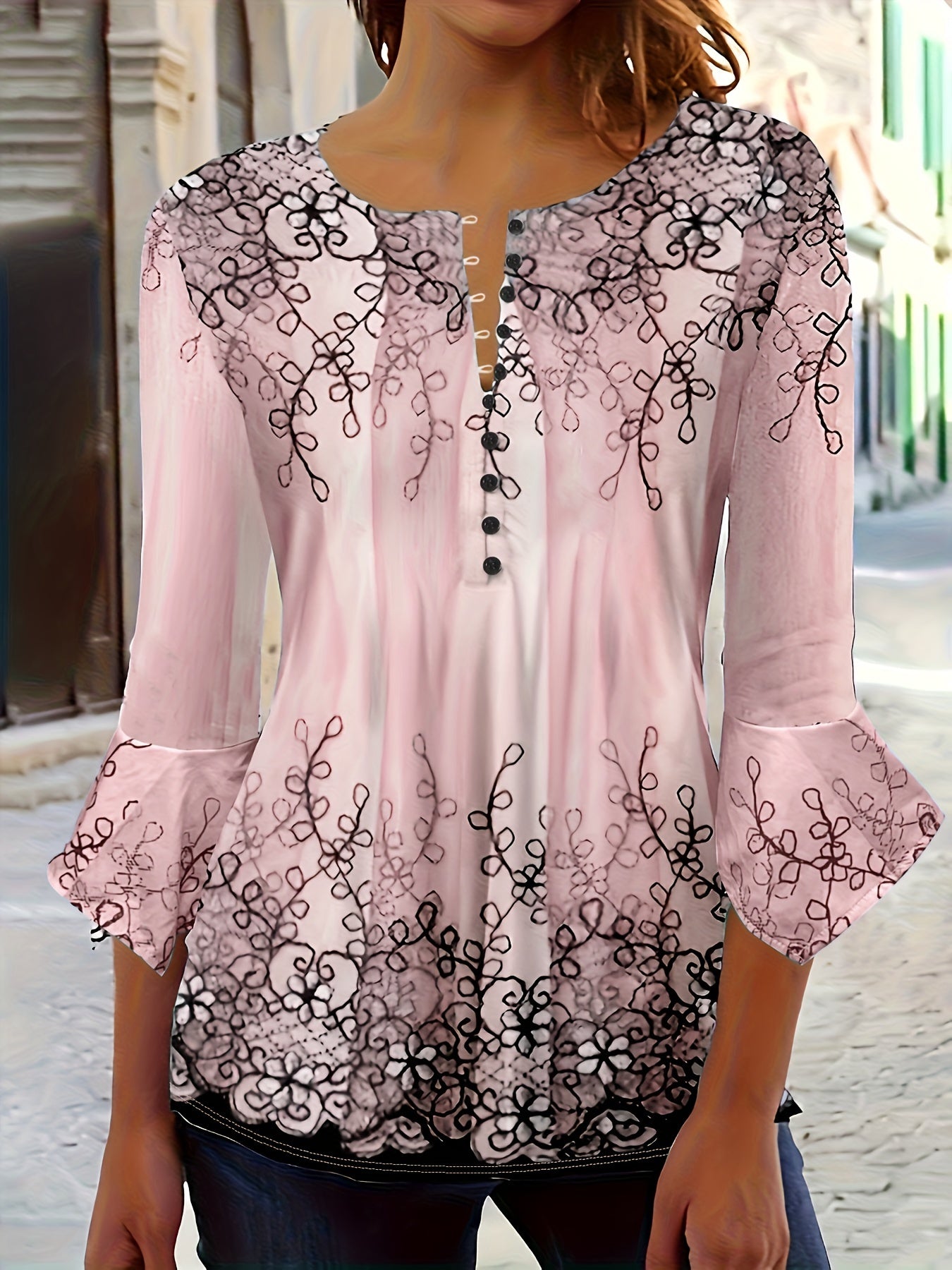Blusa de botones con estampado floral - Mangas con volantes y corte informal