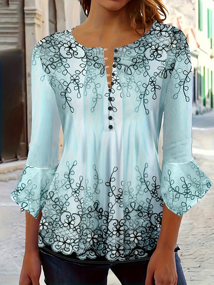 Blusa de botones con estampado floral - Mangas con volantes y corte informal