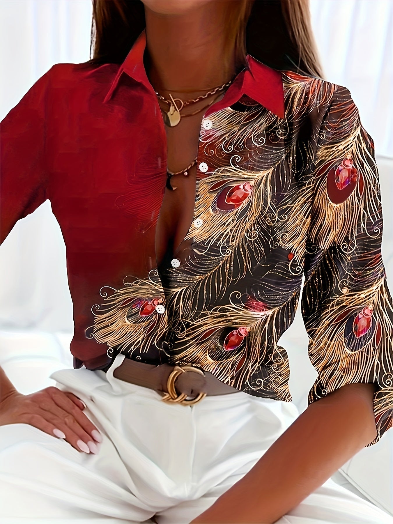 Botones para blusa - Estampado de pavo real y diseño de cuello con solapa