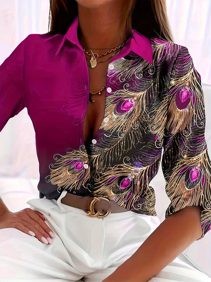 Botones para blusa - Estampado de pavo real y diseño de cuello con solapa