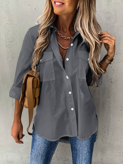 Camisa de manga larga con botones delanteros - Tejido semitransparente y cuello con solapa