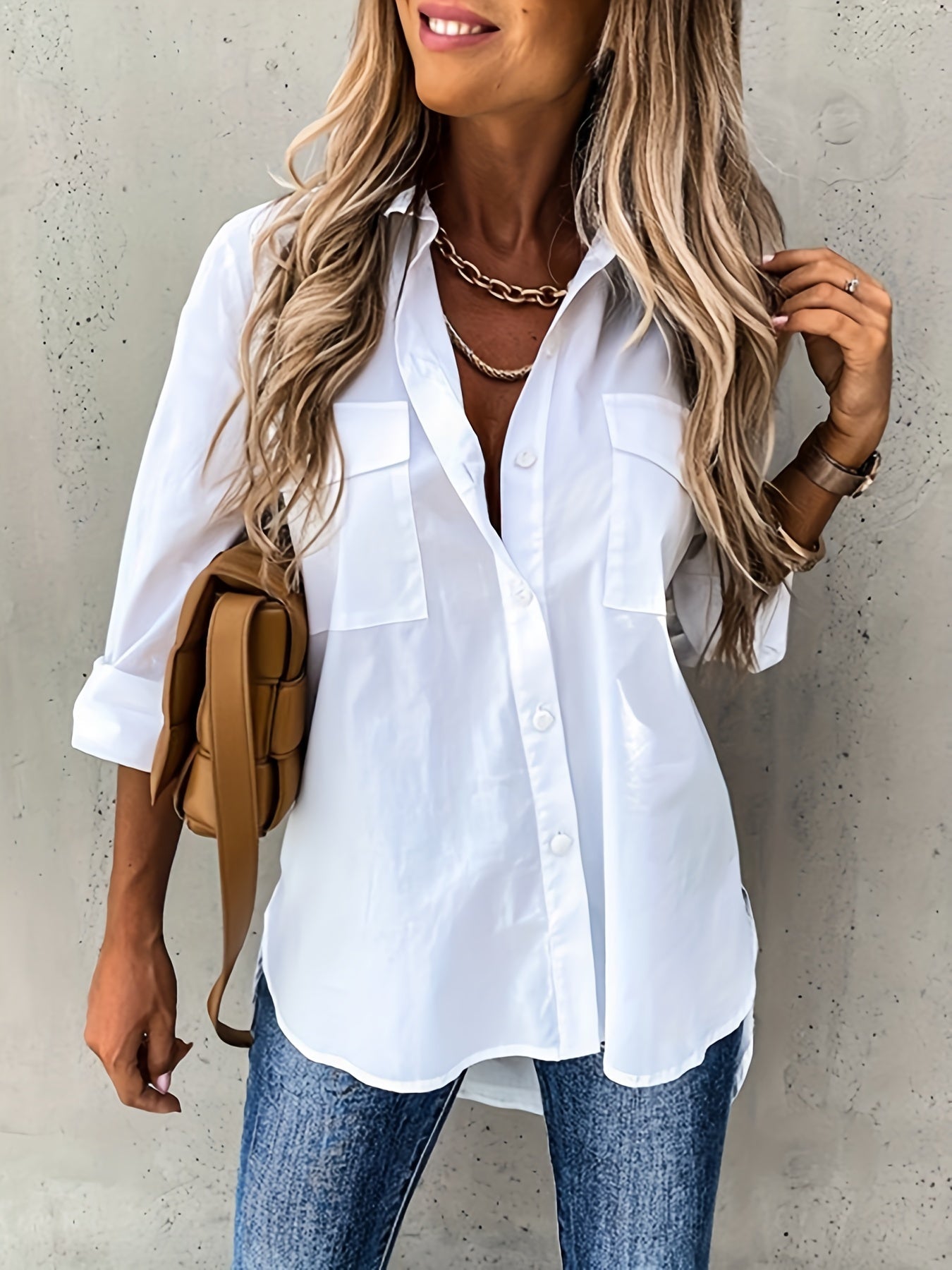 Camisa de manga larga con botones delanteros - Tejido semitransparente y cuello con solapa
