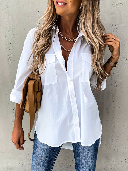 Camisa de manga larga con botones delanteros - Tejido semitransparente y cuello con solapa