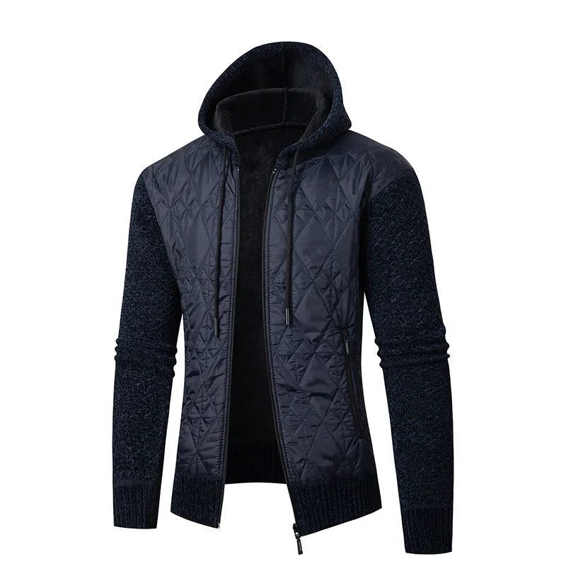 Męska Kurtka z Kapturem na Zamek Pikowany Panel Dzianinowe Rękawy