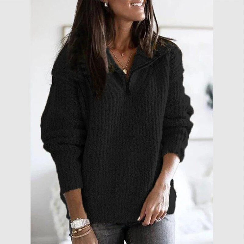 Jersey de punto para mujer con cuello de pico y cremallera