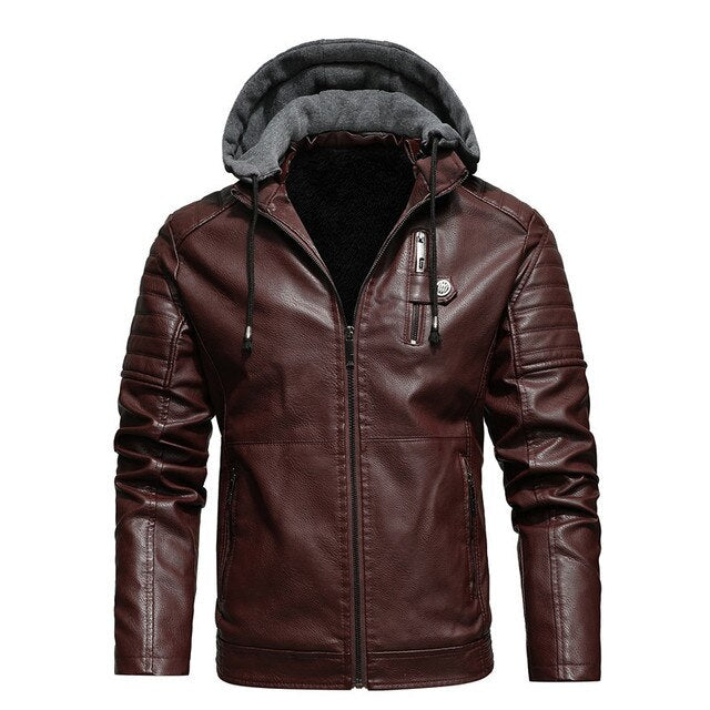 Chaqueta de invierno de cuero de motorista con capucha para los hombres | Perfecto para actividades al aire libre