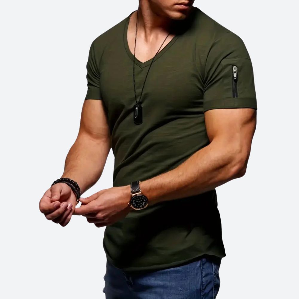Męski T-Shirt Z Dekoltem V I Kieszonką Na Rękawie