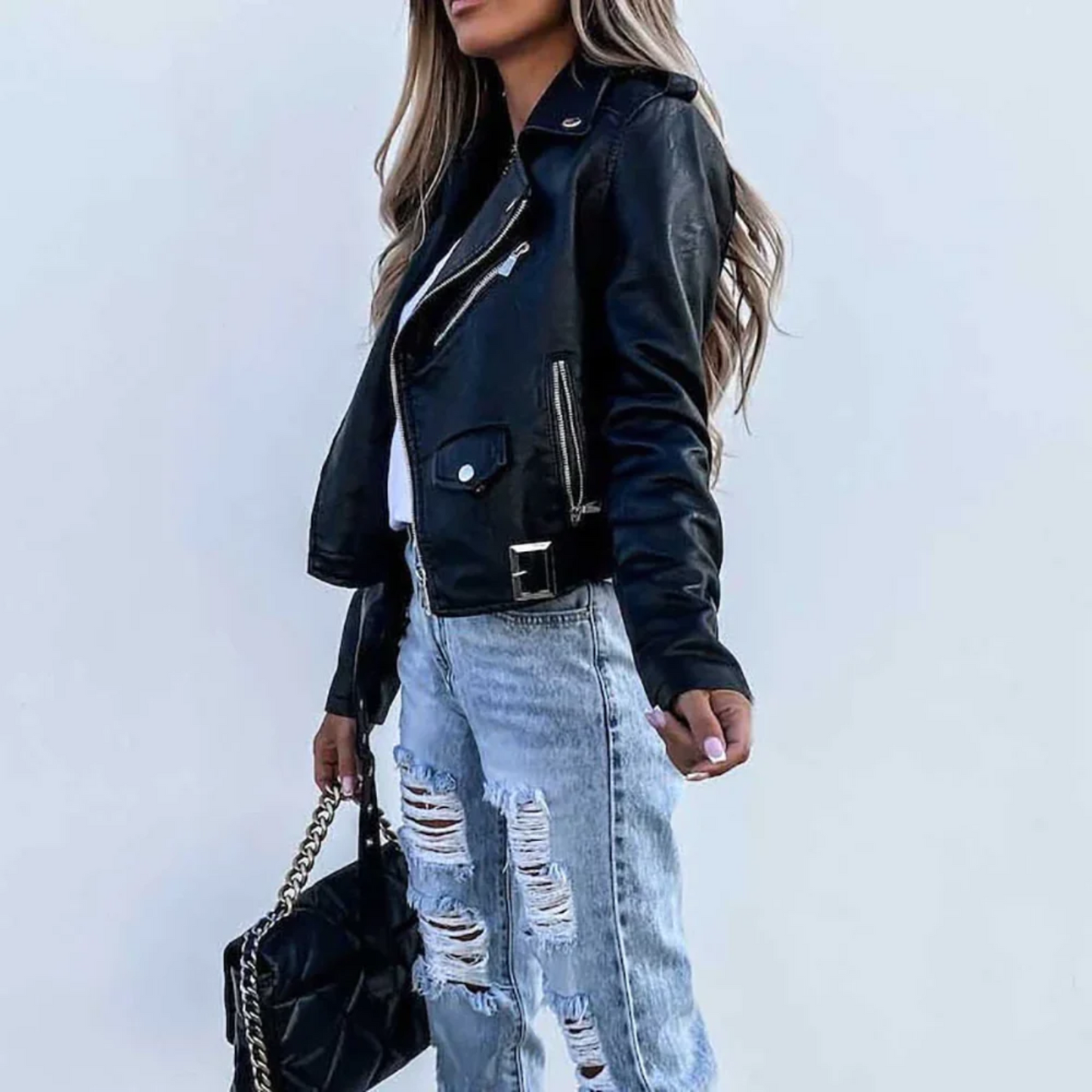 Elegante chaqueta de cuero ajustada para mujer | Perfecta para días informales