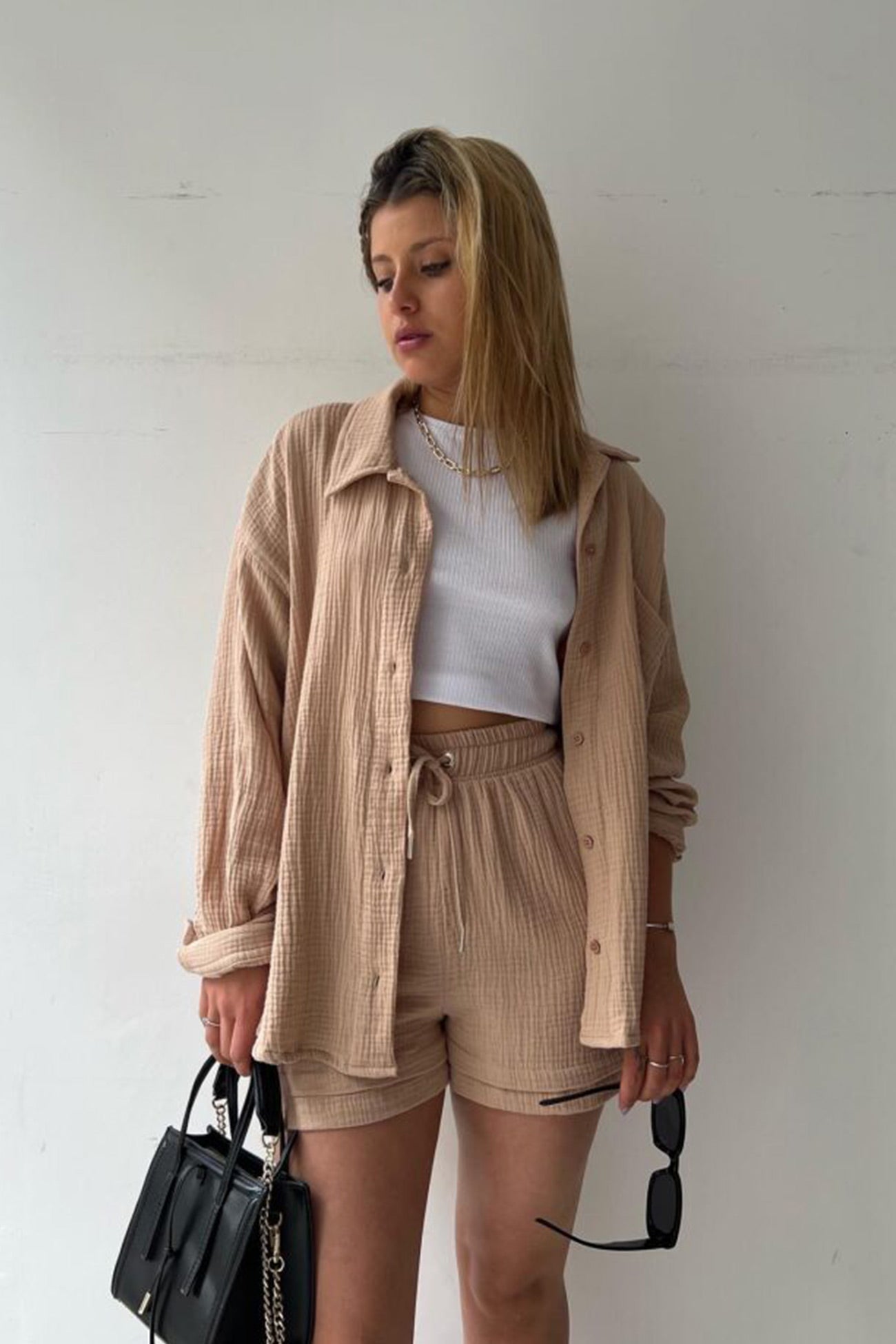 Keren - Camisa de manga larga para mujer con pantalón corto a juego