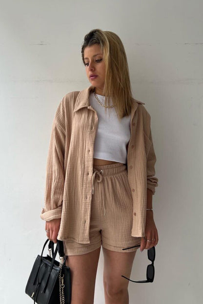 Keren - Camisa de manga larga para mujer con pantalón corto a juego