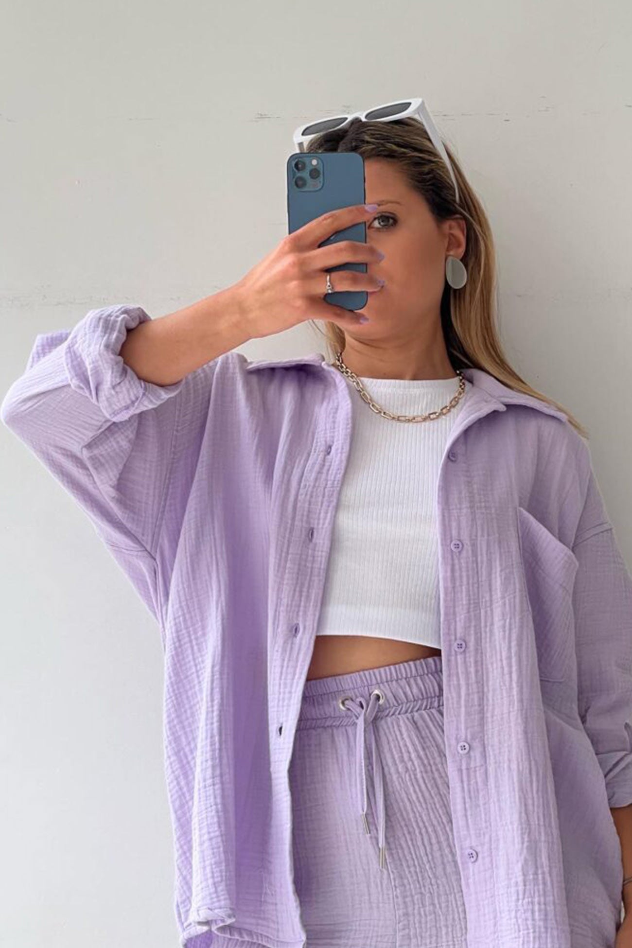 Keren - Camisa de manga larga para mujer con pantalón corto a juego
