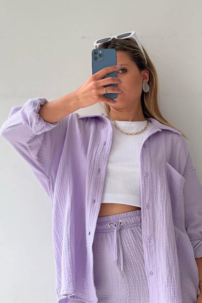 Keren - Camisa de manga larga para mujer con pantalón corto a juego