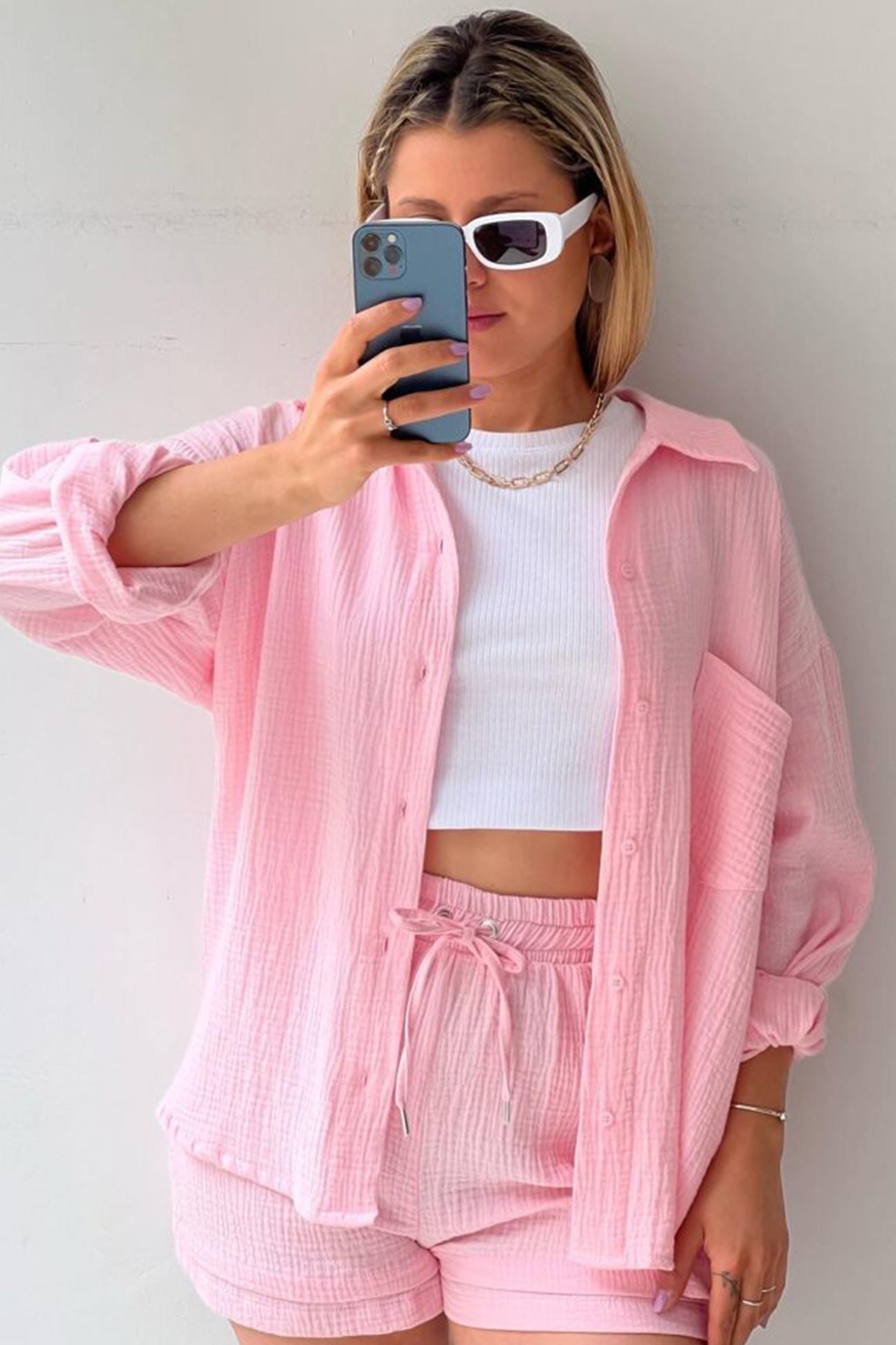 Keren - Camisa de manga larga para mujer con pantalón corto a juego