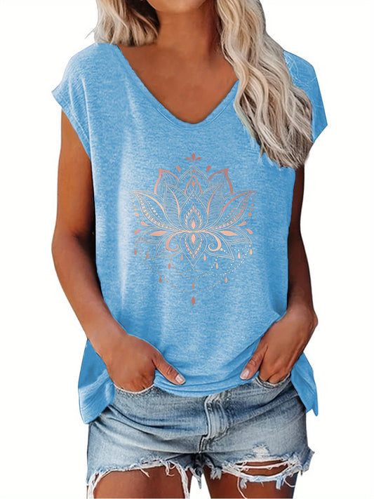 Camiseta con estampado de loto - Cuello de pico y manga casquillo informal
