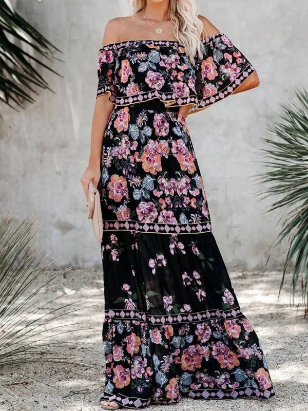 Damska Sukienka Maxi Floral z Odkrytymi Ramionami i Falbanami