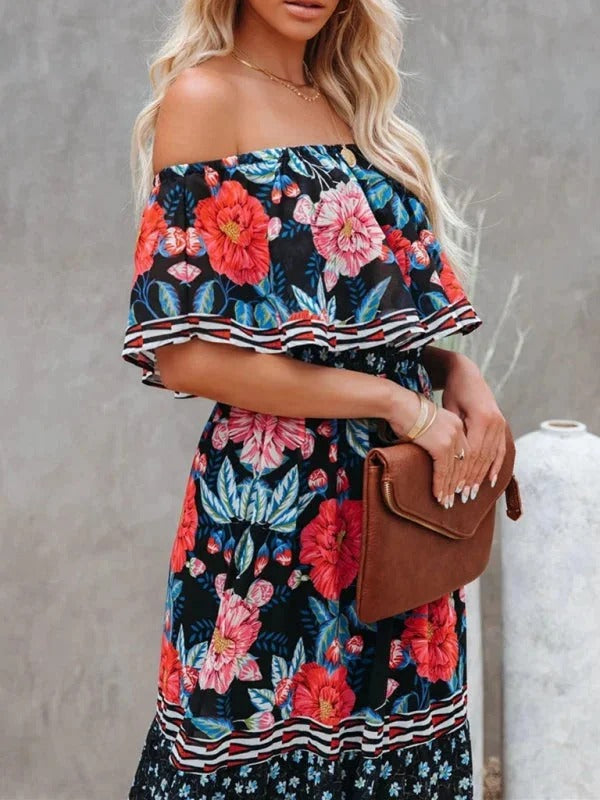 Damska Sukienka Maxi Floral z Odkrytymi Ramionami i Falbanami