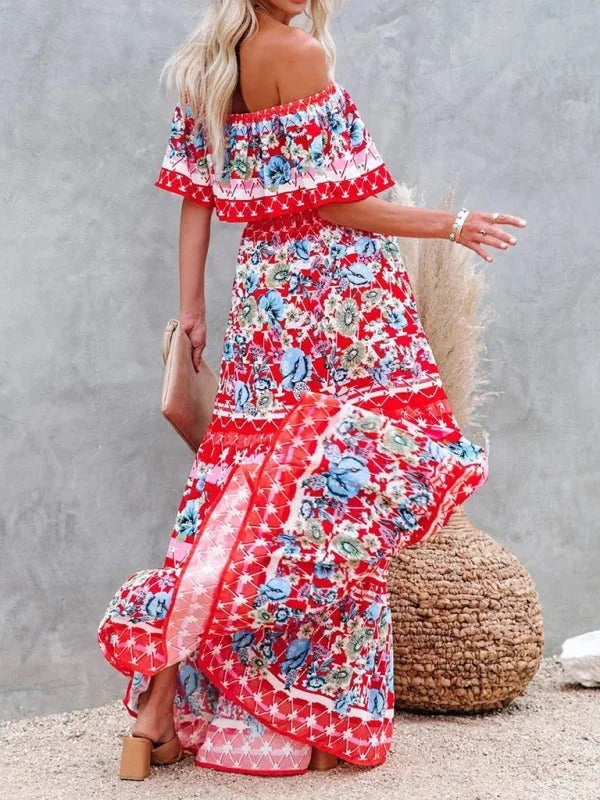 Damska Sukienka Maxi Floral z Odkrytymi Ramionami i Falbanami
