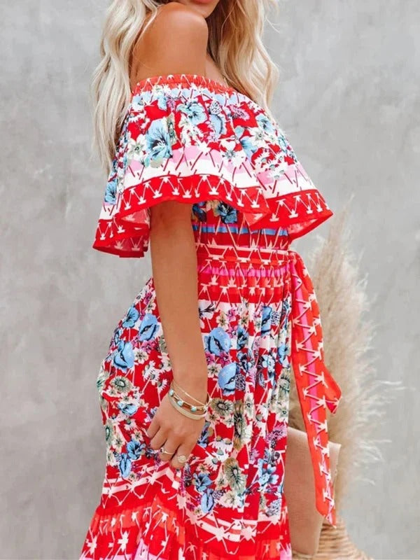 Damska Sukienka Maxi Floral z Odkrytymi Ramionami i Falbanami