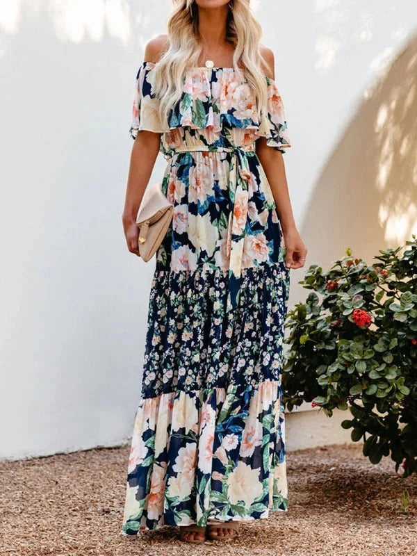 Damska Sukienka Maxi Floral z Odkrytymi Ramionami i Falbanami