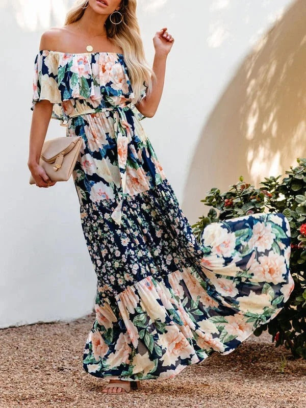 Damska Sukienka Maxi Floral z Odkrytymi Ramionami i Falbanami