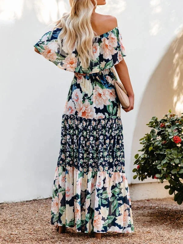Damska Sukienka Maxi Floral z Odkrytymi Ramionami i Falbanami
