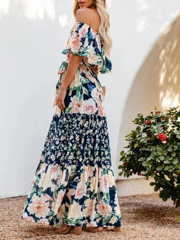 Damska Sukienka Maxi Floral z Odkrytymi Ramionami i Falbanami