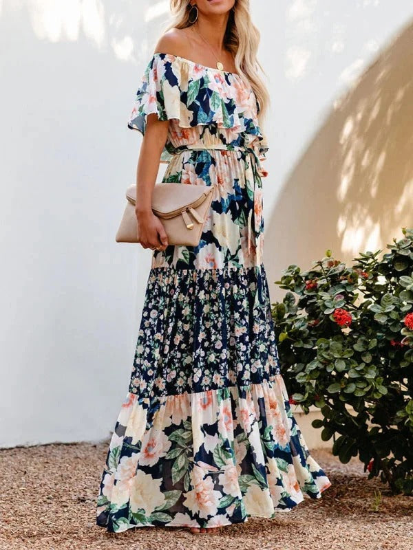 Damska Sukienka Maxi Floral z Odkrytymi Ramionami i Falbanami