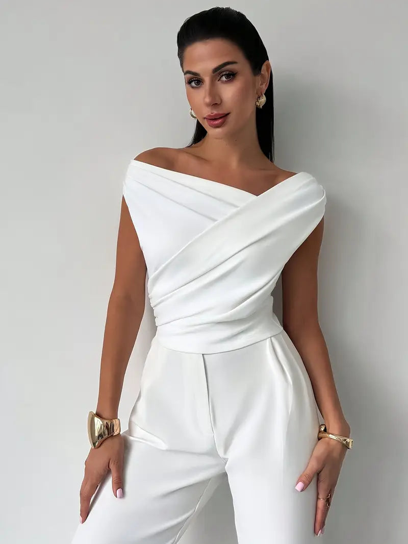 Elegancka Bluzka Damska Odkryte Ramiona Plisowana