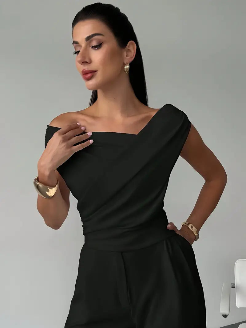 Elegancka Bluzka Damska Odkryte Ramiona Plisowana