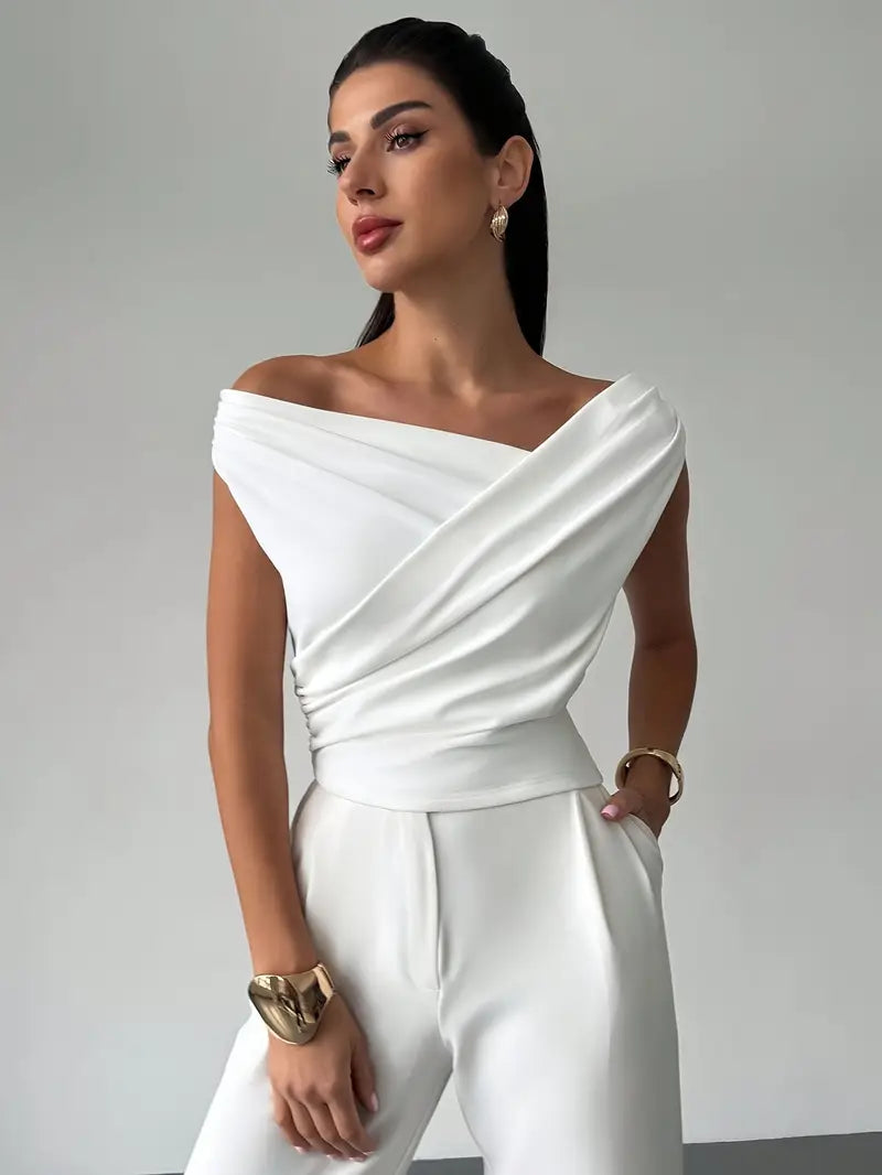 Elegancka Bluzka Damska Odkryte Ramiona Plisowana